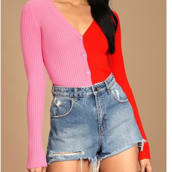 Lulus Dynamic Duo Pink and Red Color Block Ribbed Cardigan Sweater Sz XL - Picture 1 of 9